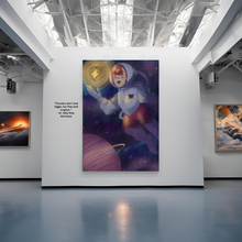 Load image into Gallery viewer, Art gallery with a large anime-style poster of an astronaut closely touching the moon