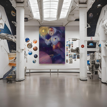 Load image into Gallery viewer, Interior of a space-themed museum with educational displays on the walls, cosmic canvas, celestial artwork