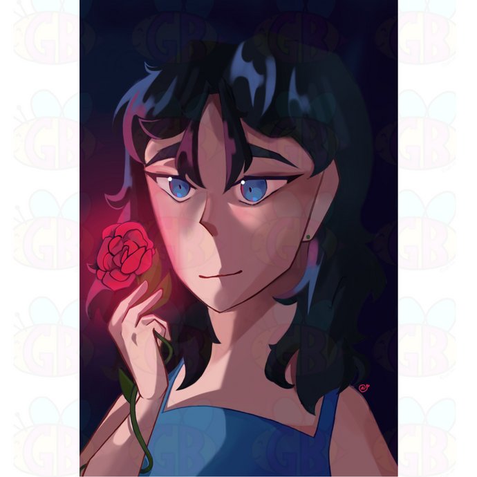 Illustration of a character of a beautiful young woman with mesmerizing, blue eyes holding a red rose against a dark background