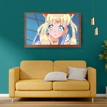 Load image into Gallery viewer, Yellow sofa with gray pillows against a teal wall with an anime character framed picture.
